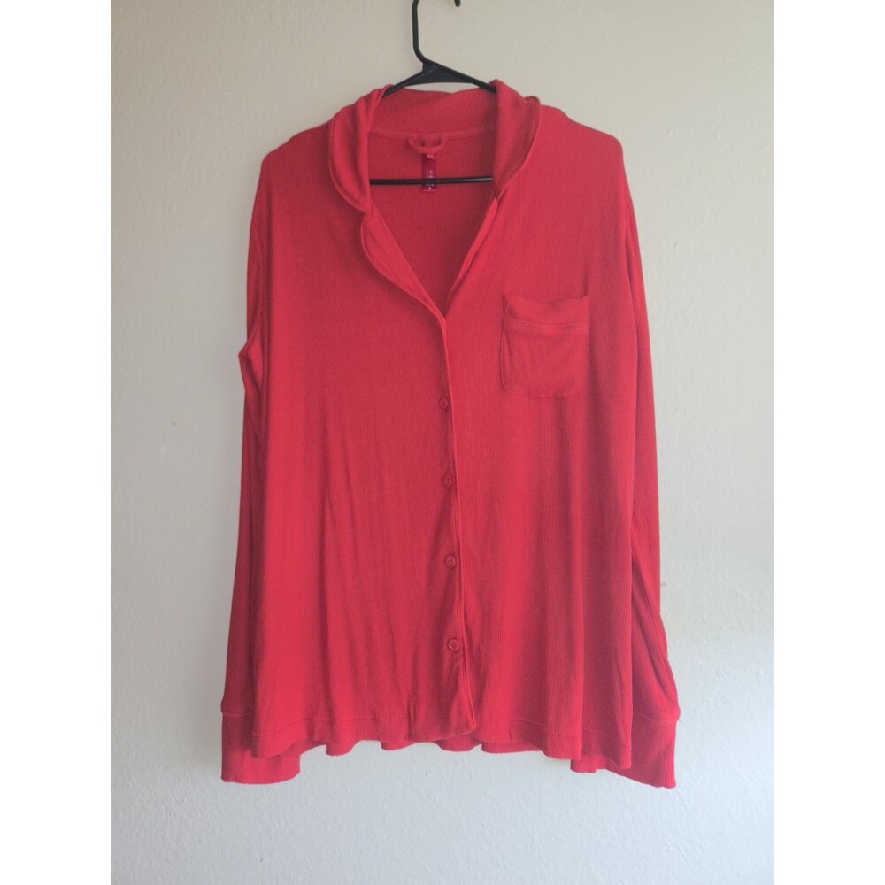 SKIMS Red Ribbed Button Down Pajama Top Shirt Size M Long Sleeve Lounge Wear